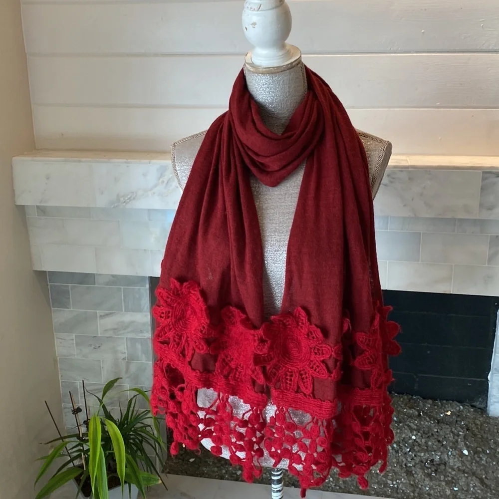 Red Knit Scarf with Crocheted Detail